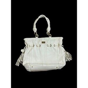 Isabella Adams Leather Shoulder Bag Purse Large Embossed Crocs Beige Satchel